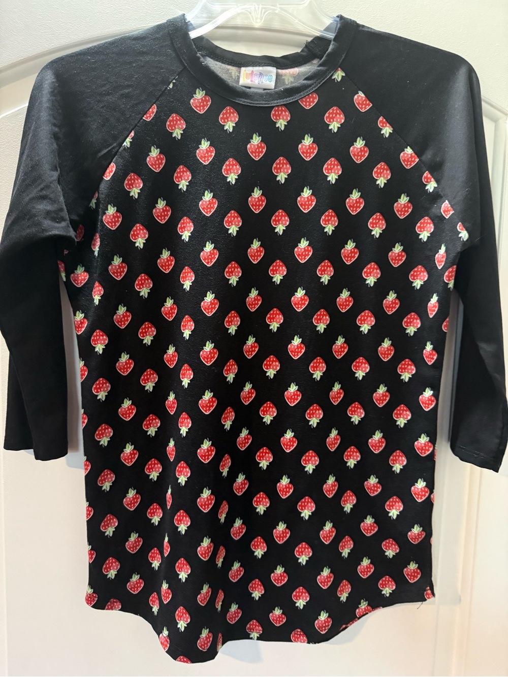 LuLaRoe Black Long Sleeve Raglan Top with Red Strawberry Print